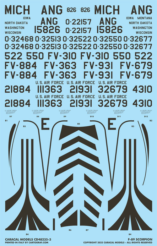 Caracal CD48235 1:48 Northrop F-89 Scorpion USAF Decal Set