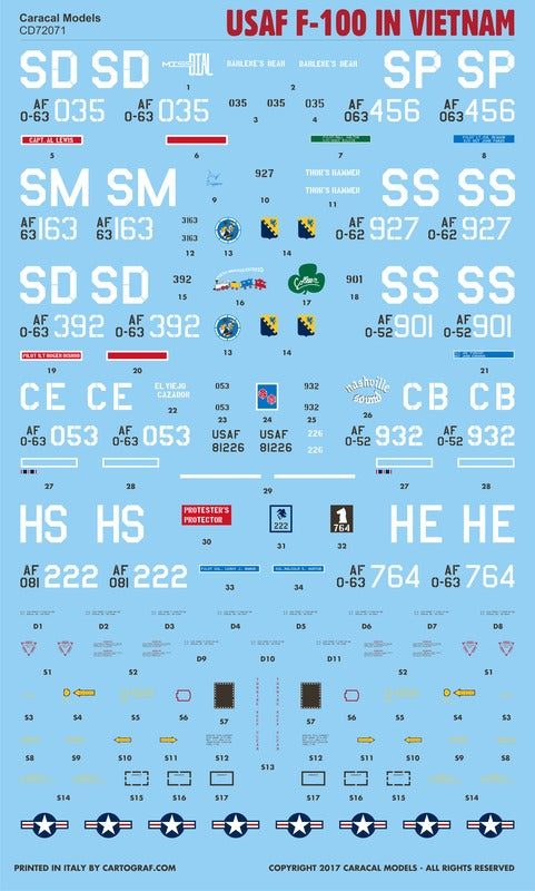 Caracal CD72071 1:72 USAF F-100 Super Sabre Vietnam Decals