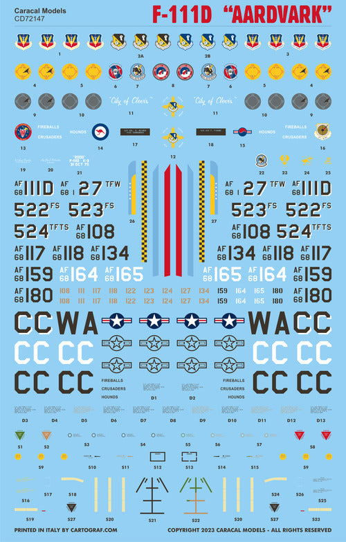 Caracal CD72147 1:72 General-Dynamics F-111D Aardvark Decal Set