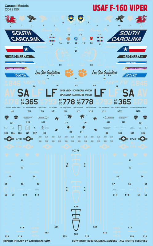 Caracal CD72150 1:72 USAF Lockheed-Martin F-16D Viper Decals