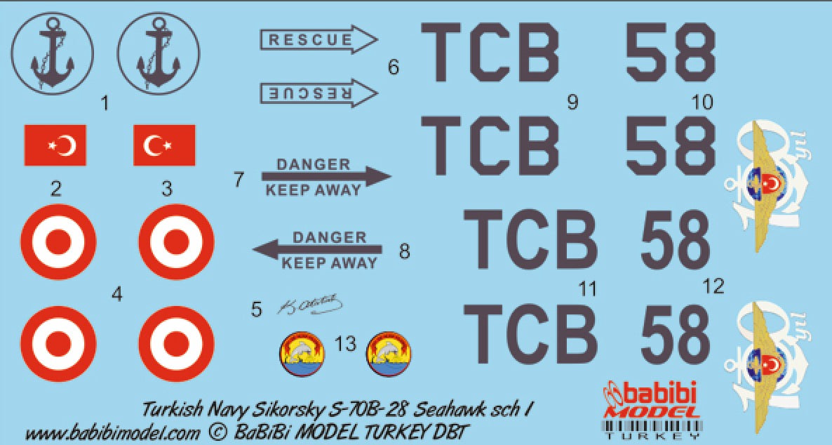 Babibi Models DBT-01209 1:72 Sikorsky S-70 Seahawk Turkish Navy Decal Set