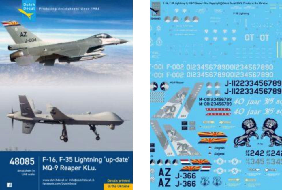 Dutch Decal DD48085 1:48 F-16A, F-35A, MQ-9 Reaper KLu Decals