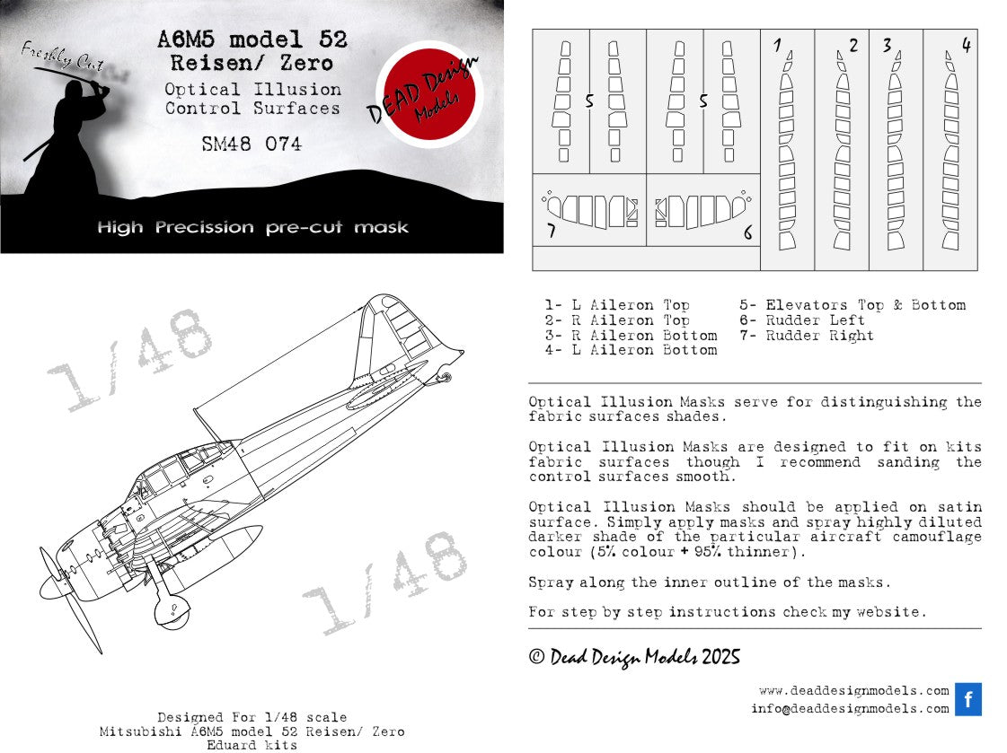 Dead Design DDMSM48074 1:48 A6M5 model 52 3D Control Surface Mask