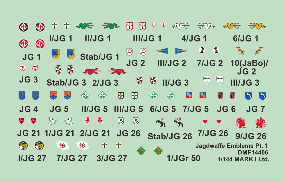 Mark I DMF14406 1:144 Jagdwaffe Emblems Pt.1 JG 1/JG 2 Decals