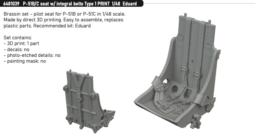 Eduard Brassin ED6481039 1:48 P-51B/C seat with integral belts Type 1
