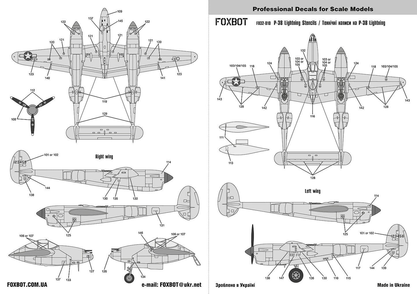 Foxbot Decals FBOT32010 1:32 Stencils for Lockheed P-38 Lightning