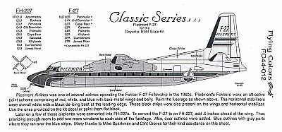 Flying Colors FC44012 1:144 Fokker F-27 PIEDMONT AIRLINES 1960S N2700R etc