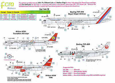 FCM FCM44016 TAM A320/Trans Asia A321:Royal Nepal 757 1:144