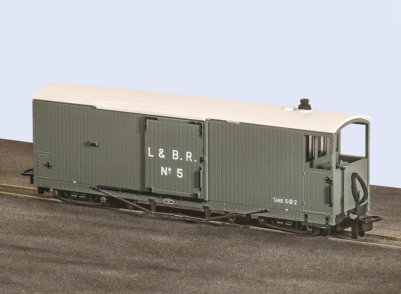 PECO GR-240AO Lynton & Barnstaple 8 ton Bogie Goods Brake Van, Grey, No.5, Open Veranda OO9 Gauge