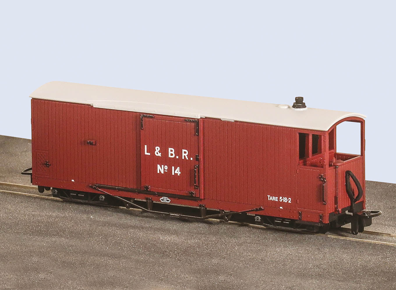 PECO GR-240BO Lynton & Barnstaple 8 ton Bogie Goods Brake Van, Red, No.14, Open Veranda OO9 Gauge