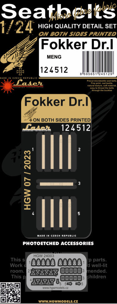 HGW HGW124512 FOKKER DR.I SEATBELTS 1:24