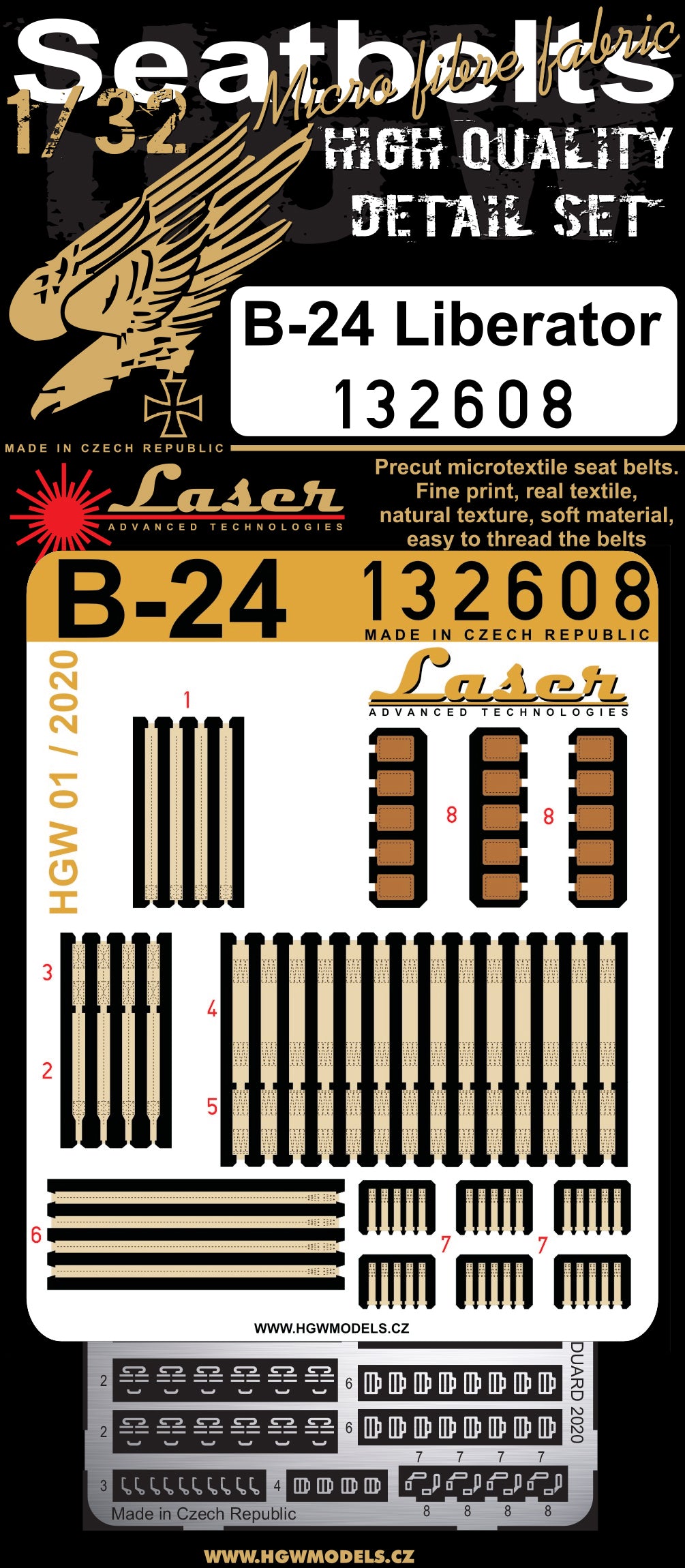 HGW HGW132608 1:32 Consolidated B-24D/B-24J Liberator pre-cut laser seatbelts