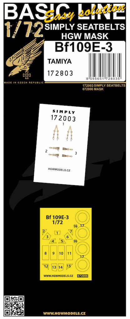 HGW HGW172803 1:72 Messerschmitt Bf-109E-3 BASIC LINE: seatbelts + masks