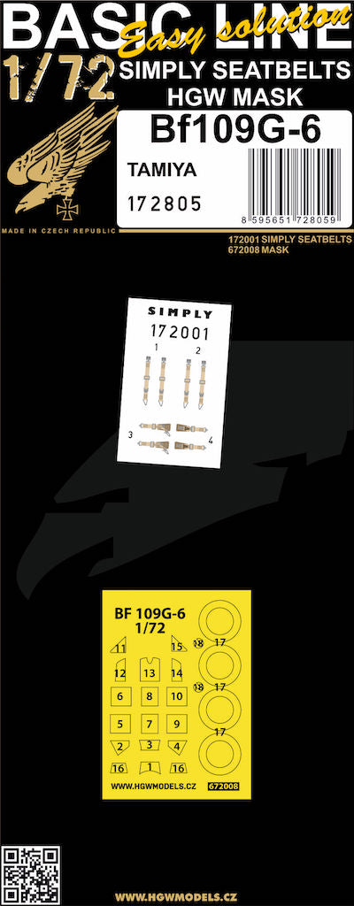 HGW HGW172805 1:72 Messerschmitt Bf-109G-6 BASIC LINE: seatbelts + masks