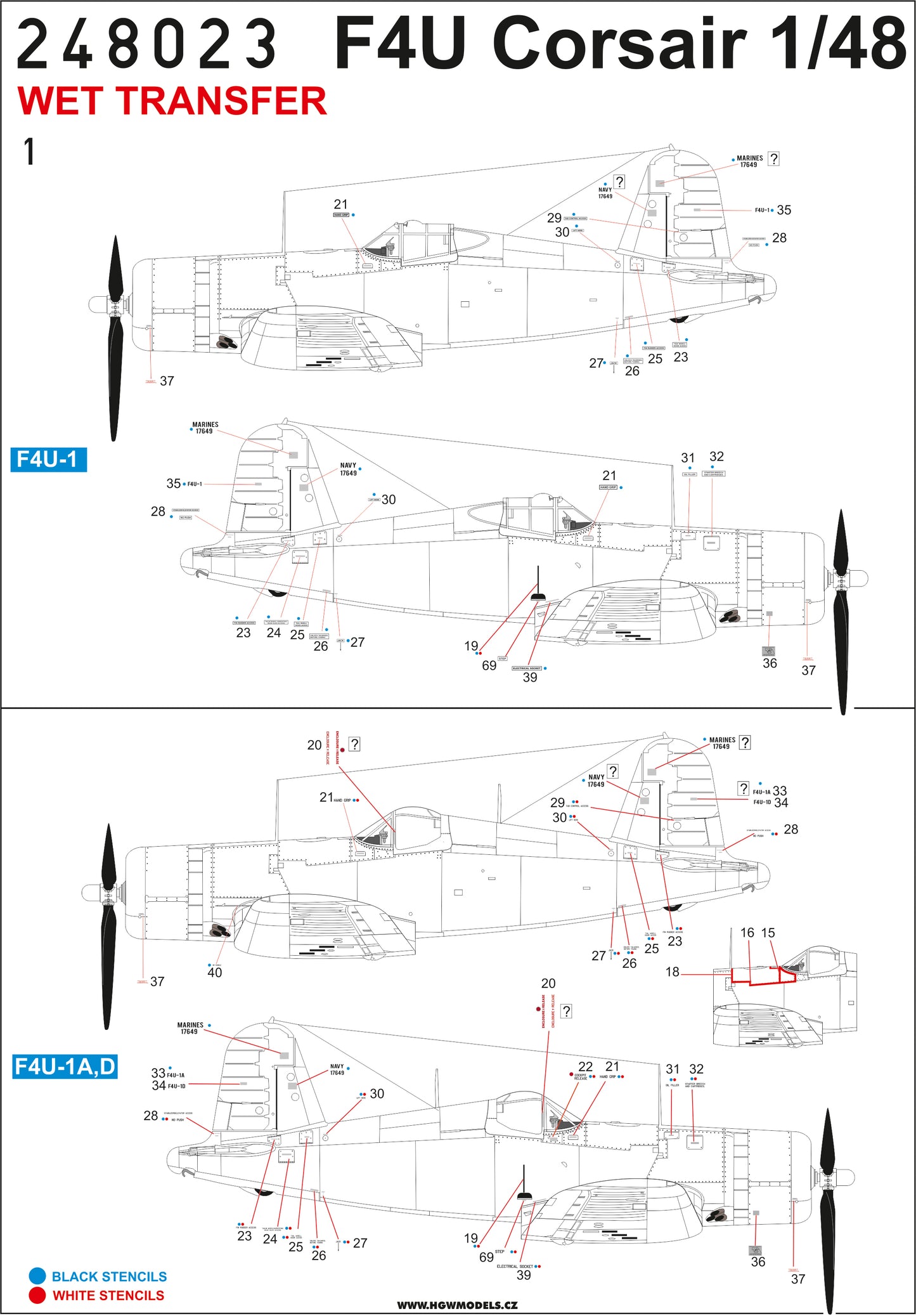 HGW 248023 Vought F4U Corsair Stencils Wet Transfers 1:48