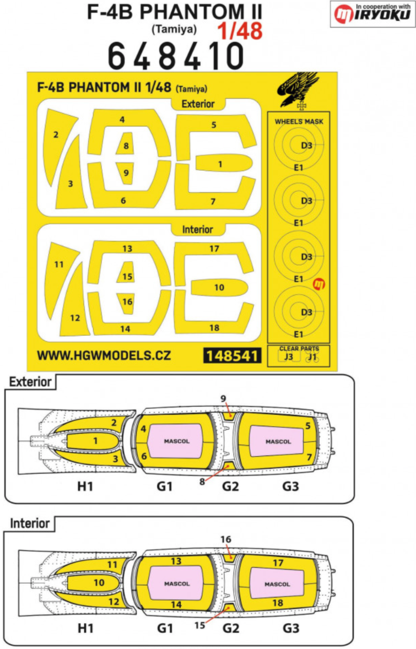 HGW HGW648410 1:48 McDonnell F-4B PHANTOM II wheels and canopy frame paint mask