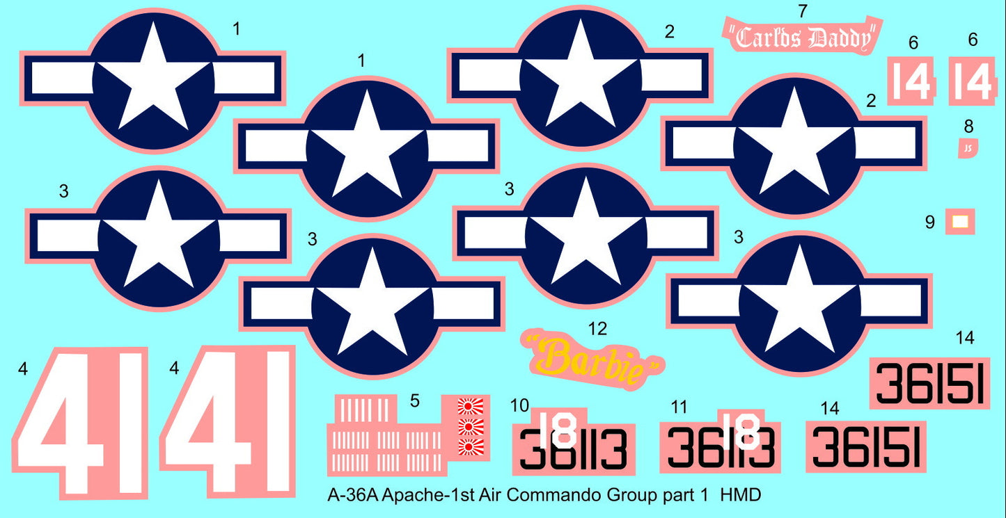 H-Model Decals HMD48132 1:48 A-36/P-51 1st Air Commando Group, Pt.1