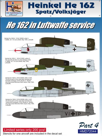 H-Model Decals HMD72044 1:72 Heinkel He-162A-2 in Luftwaffe Service Pt.4