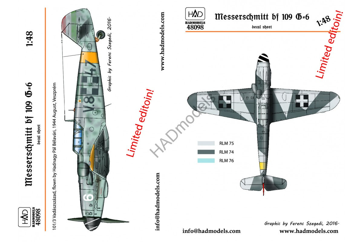 HAD Models HUN48098 1:48 Messerschmitt Bf-109G-6 decal sheet limited edition