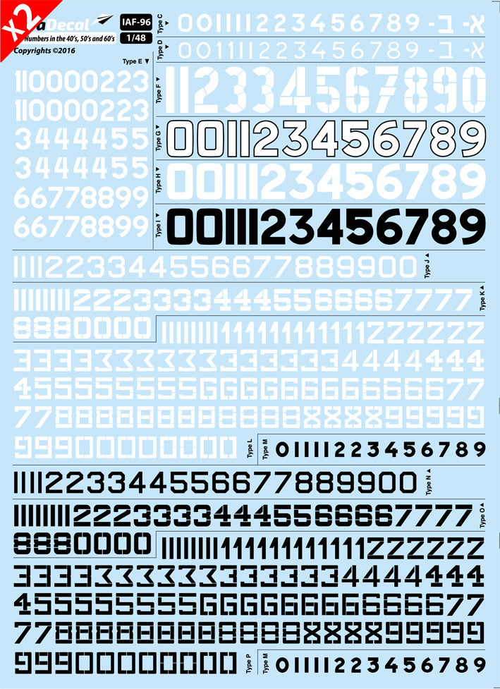 IsraDecal Studio IAF-96 Numbers for IAF Aircraft 1940s-60s 1:48