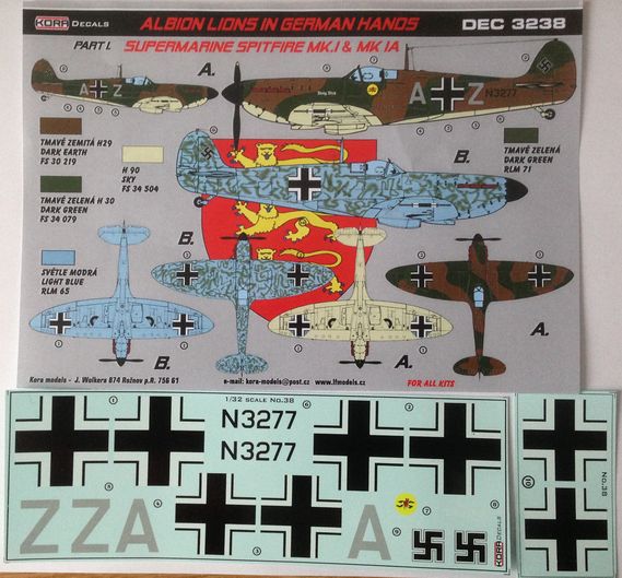 Kora KORD3238 Spitfire Mk.I/Mk.IA Luftwaffe Part I Decals 1:32