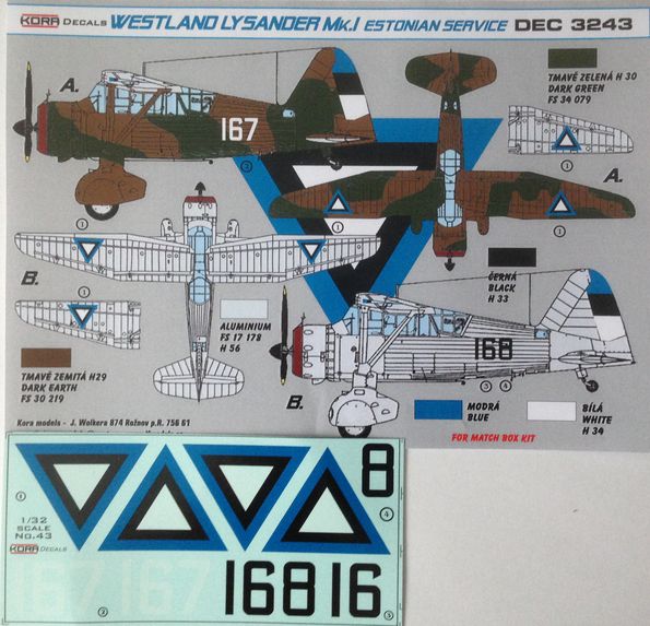 Kora KORD3243 1:32 Westland Lysander Mk.I Estonian Decals (Matchbox kit)
