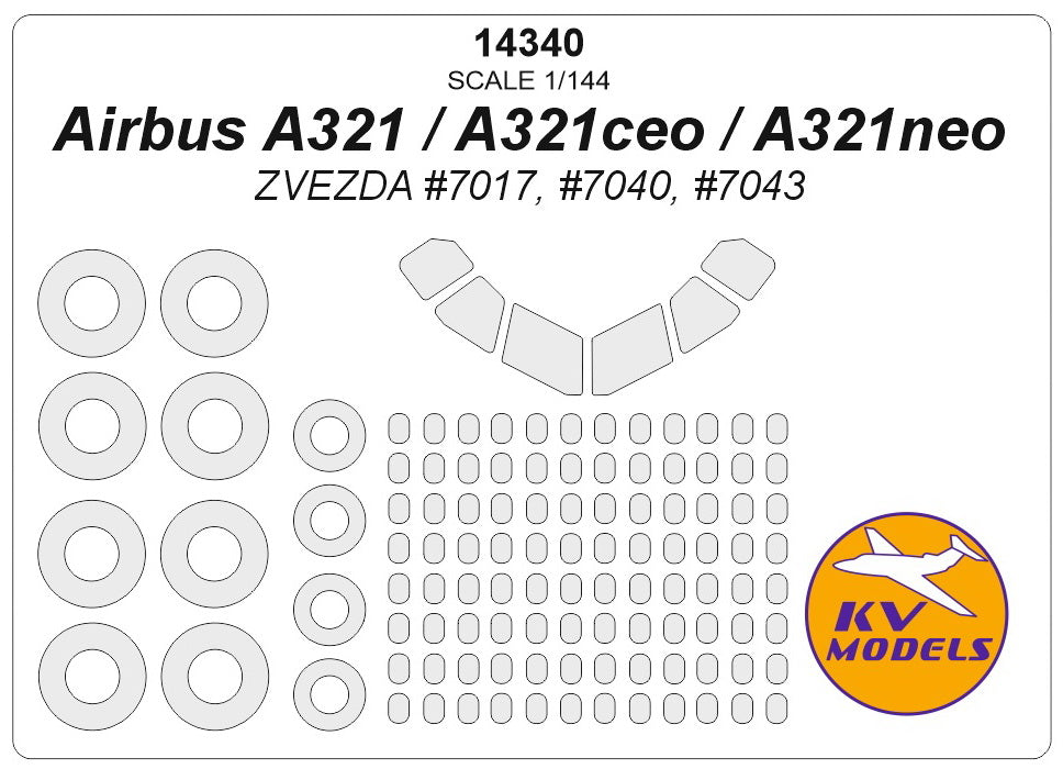 KV Models KV14340 1:144 Airbus A321 canopy mask & wheel paint mask masks