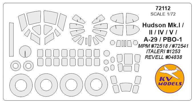 KV Models KV72112 Lockheed Hudson / A-29 Canopy & Wheel Masks 1:72
