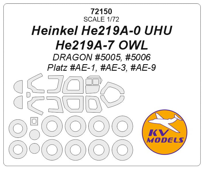 KV Models KV72150 He-219A-0 Uhu / He-219A-7 Owl Canopy & Wheel Masks 1:72
