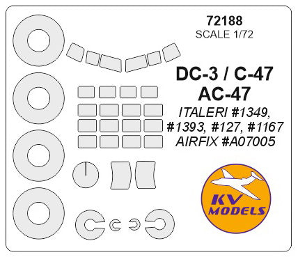 KV Models KV72188 1:72 Douglas DC-3, C-47, AC-47 wheels & canopy masks