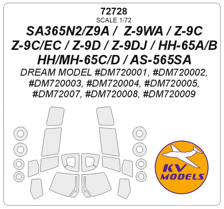 KV Models KV72728 SA365/Z-9/HH-65 Multi-Variant Wheel Masks 1:72