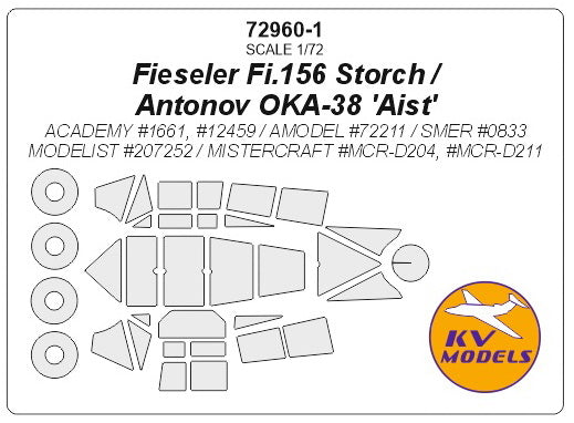 KV Models KV72960 Fi-156 Storch/OKA-38 Wheels & Canopy Masks 1:72
