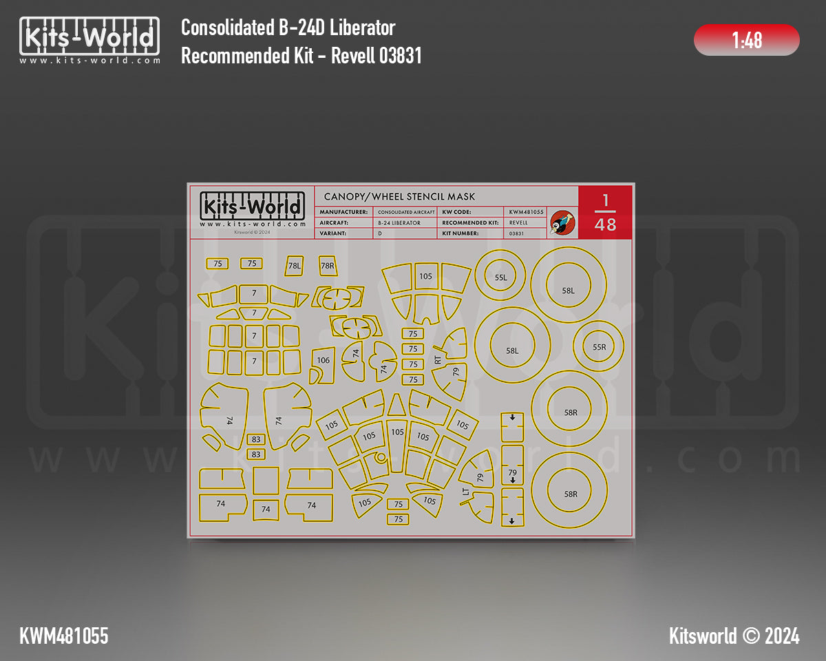 Kits-World KWM481055 B-24D Liberator Wheel/Canopy Paint Masks 1:48