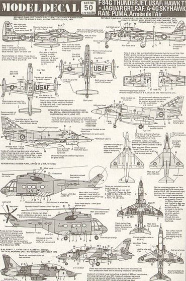 Modeldecal MD050 F-84G / A-4G / SA-330B Puma / BAe Hawk 1:72