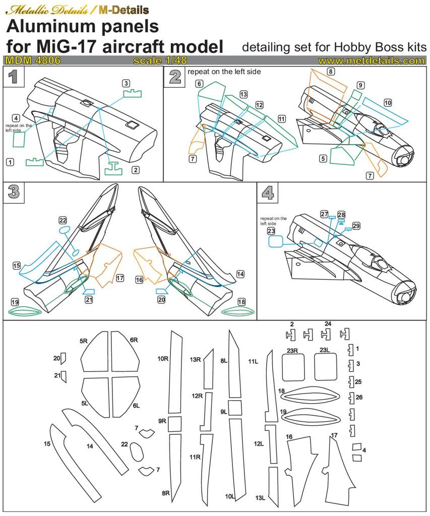 Metallic Details MDMDM4806 1:48 Mikoyan MiG-17 Aluminium panels