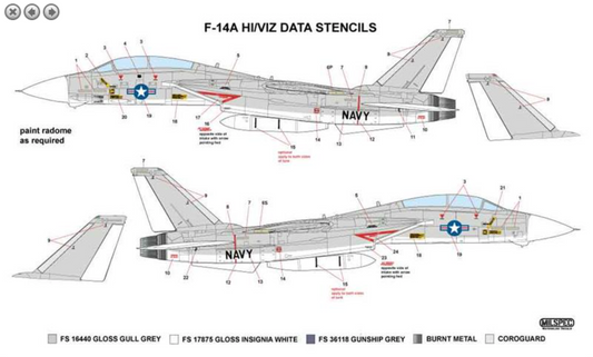 Milspec MPEC32004 1:32 Grumman F-14A Tomcat HI/VIZ DATA STENCILS