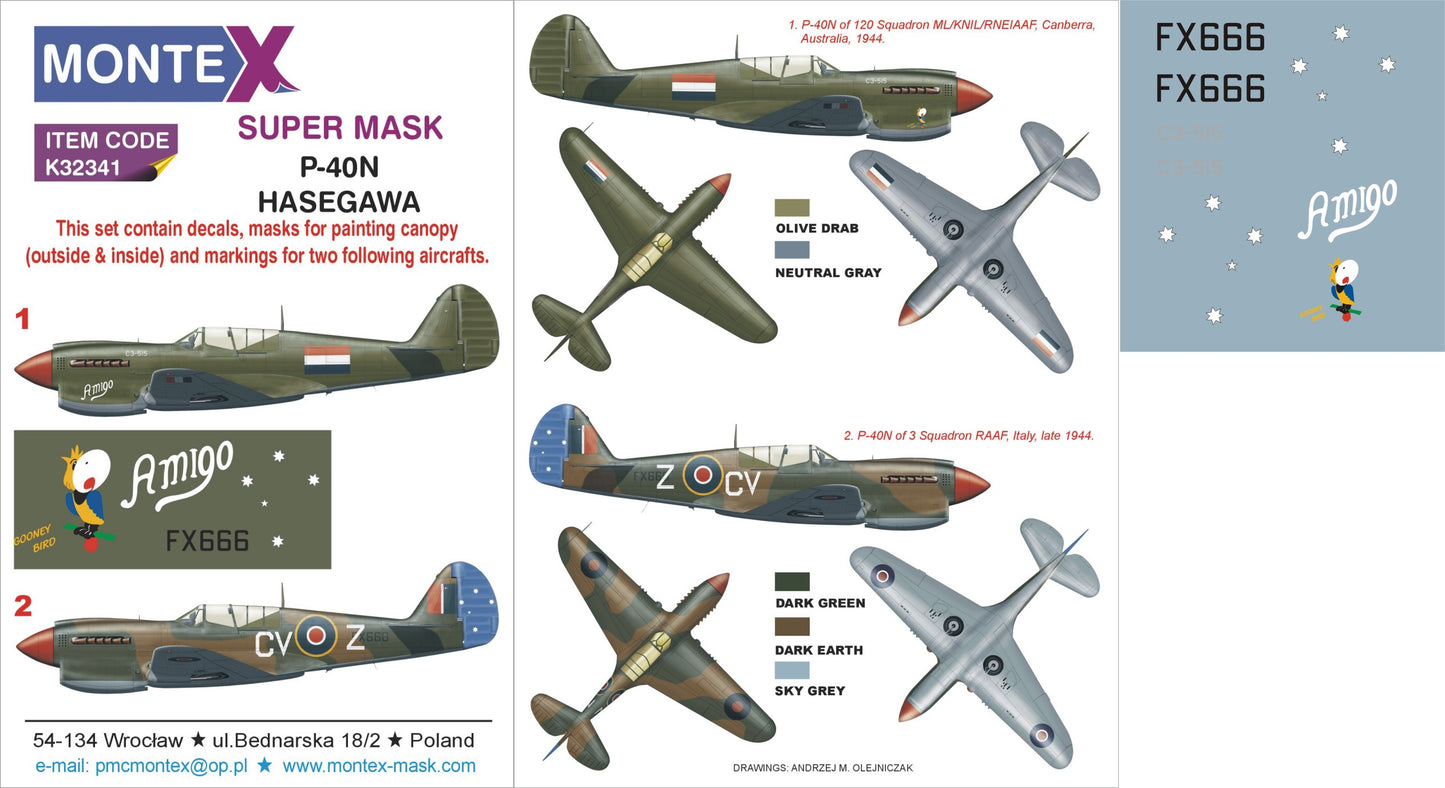 Montex MXK32341 1:32 Curtiss P-40N Warhawk 2 canopy mask