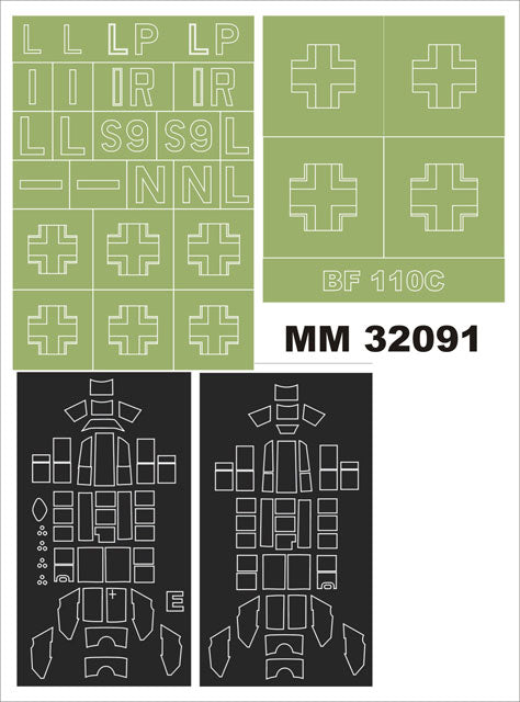 Montex MXMM32091 1:32 Messerschmitt Bf-110C canopy frame paint masks