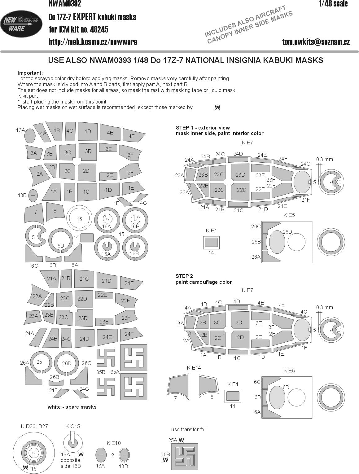 New Ware NWAM0392 1:48 Dornier Do-17Z-7 Expert Kabuki Masks