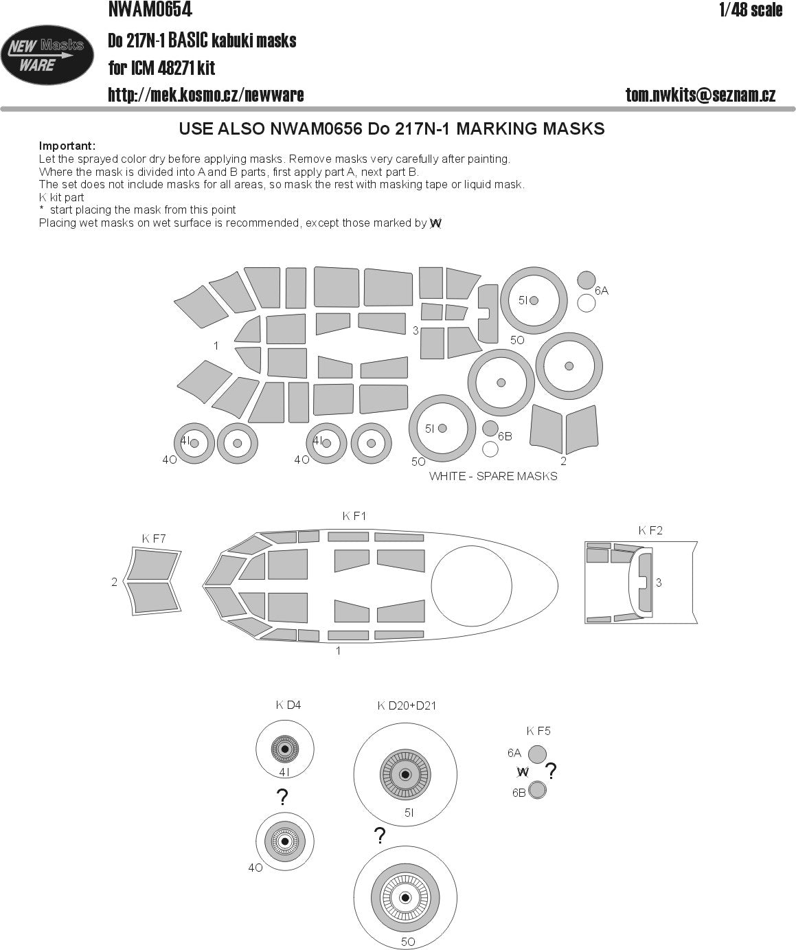 New Ware NWAM0654 1:48 Dornier Do-217N-1 Basic Kabuki Masks