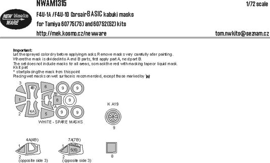 New Ware NWAM1315 1:72 Vought F4U-1A/F4U-1D Corsair Basic Masks