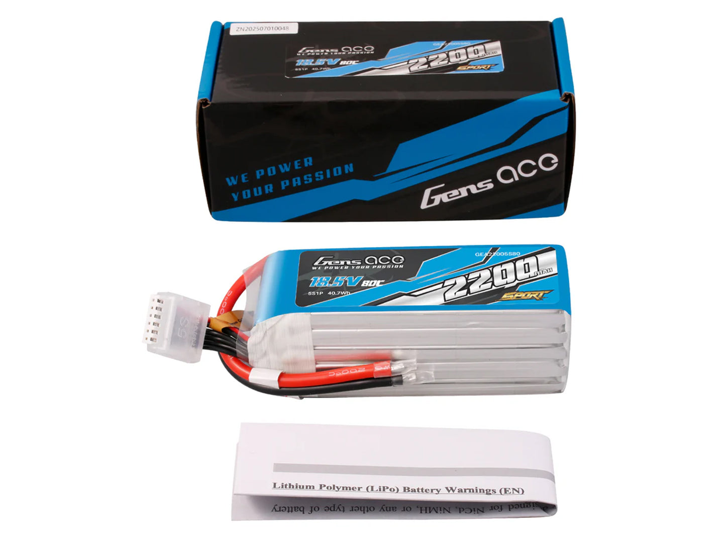 Gens Ace Li-Po Sport 5S 18.5V 2200mAh 80C with No Plug G5S2200-80