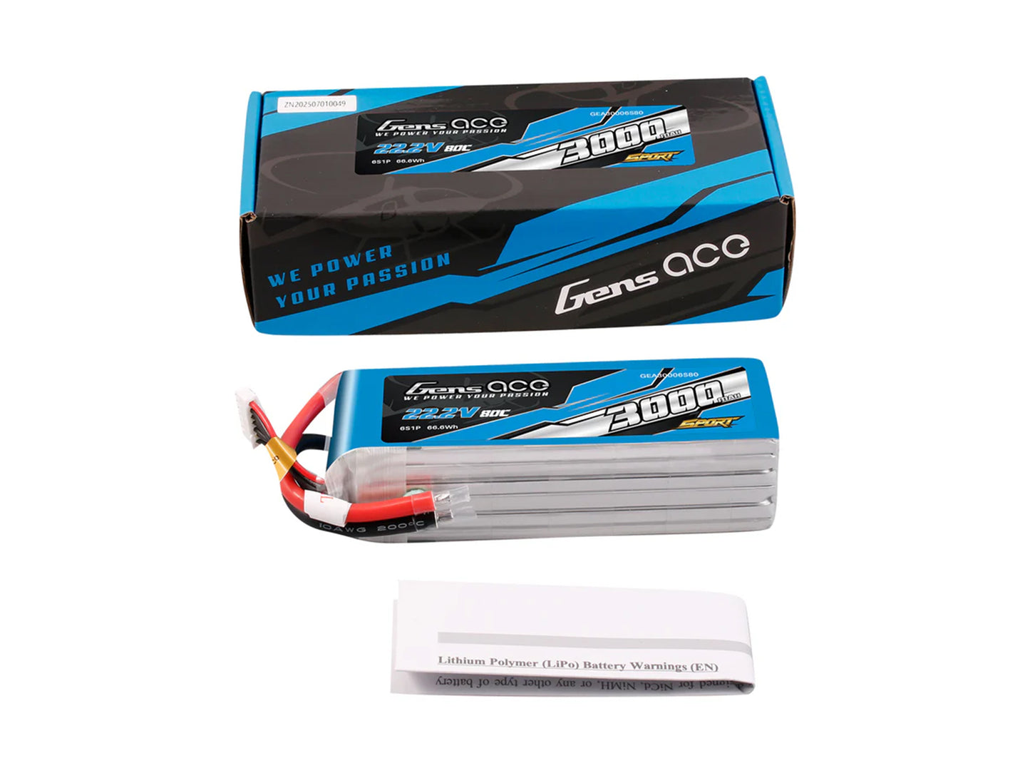Gens Ace Li-Po Sport 6S 22.2V 3000mAh 80C with No Plug G6S3000-80