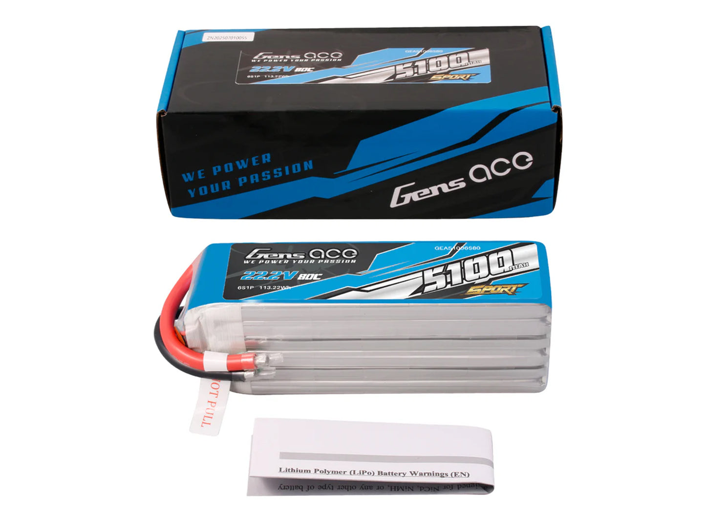 Gens Ace Li-Po Sport 6S 22.2V 5100mAh 80C with No Plug G6S5100-80
