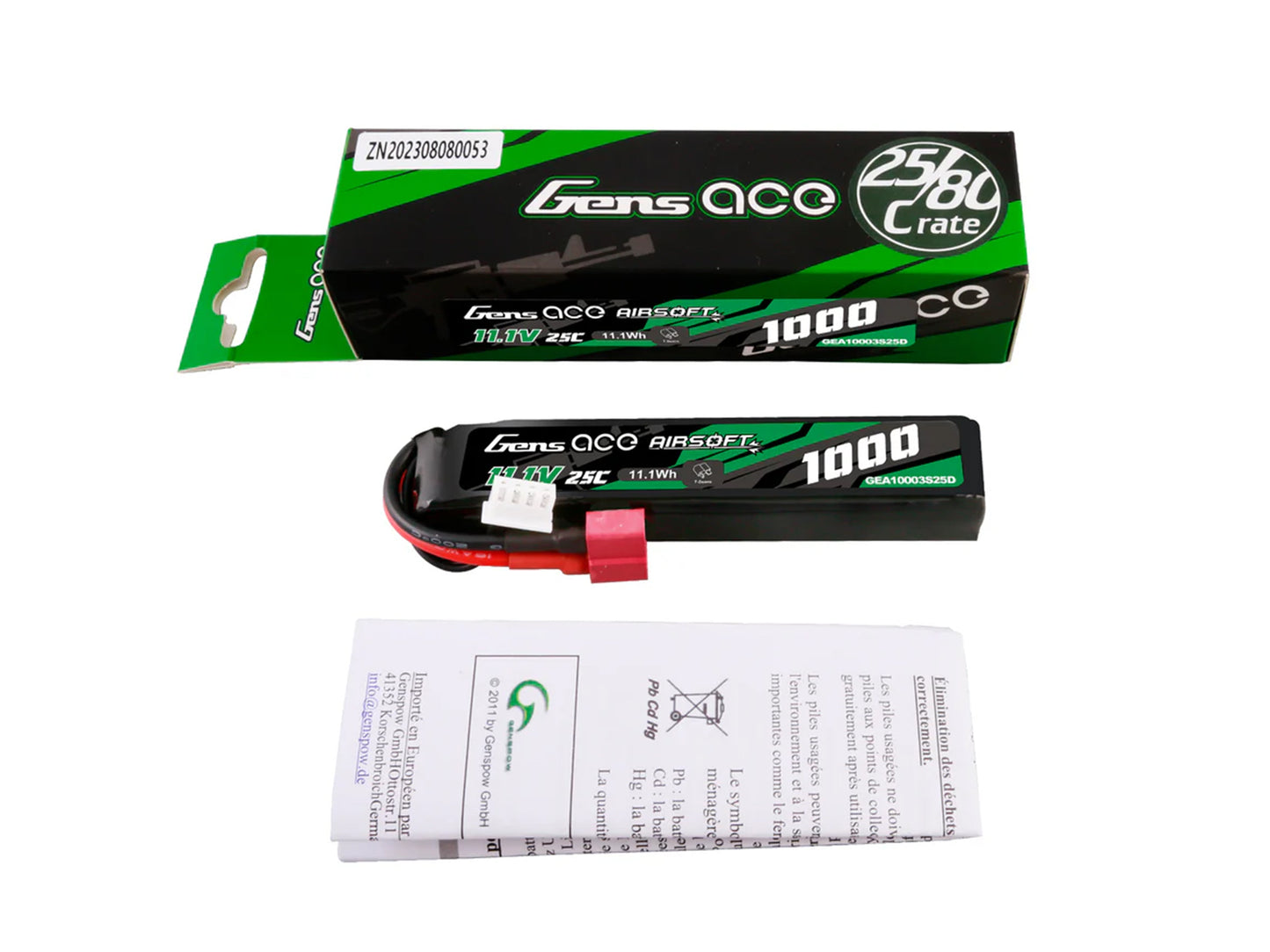Gens Ace Airsoft 3S 1000mAh 25C with Deans (fit Most AEG) GAS3S1000-25D