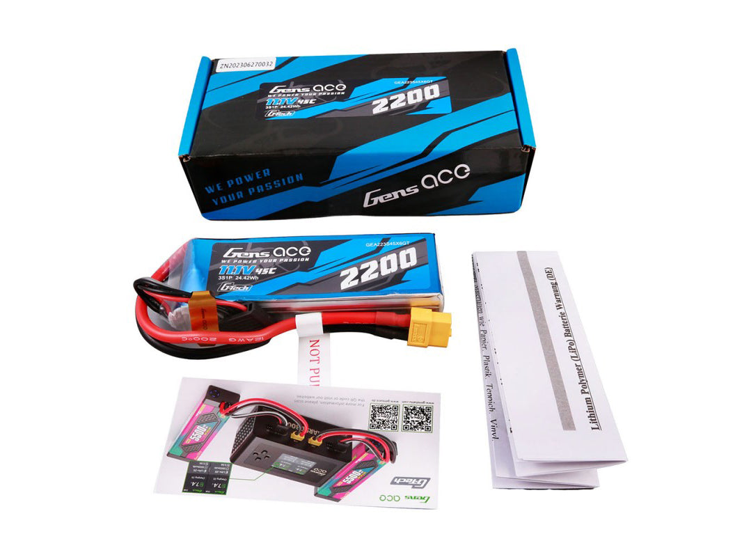 Gens Ace Li-Po G-Tech 3S 11.1V 2200mAh 45C with XT60 GT3S2200-45X6