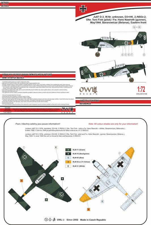 Owl OWLDS72106 1:72 Junkers Ju-87D-3 D3+HK 2./NSG 2