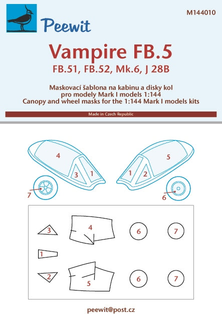 Peewit PEE144010 1:144 de Havilland Vampire FB.5/FB.52/J 28B canopy mask