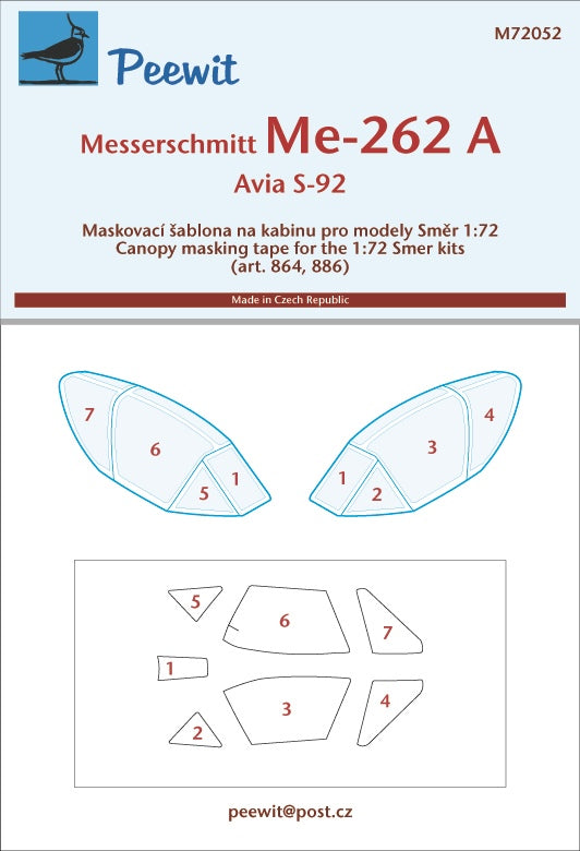 Peewit PEE72052 1:72 Messerschmitt Me-262A/Avia S-92 canopy frame paint mask