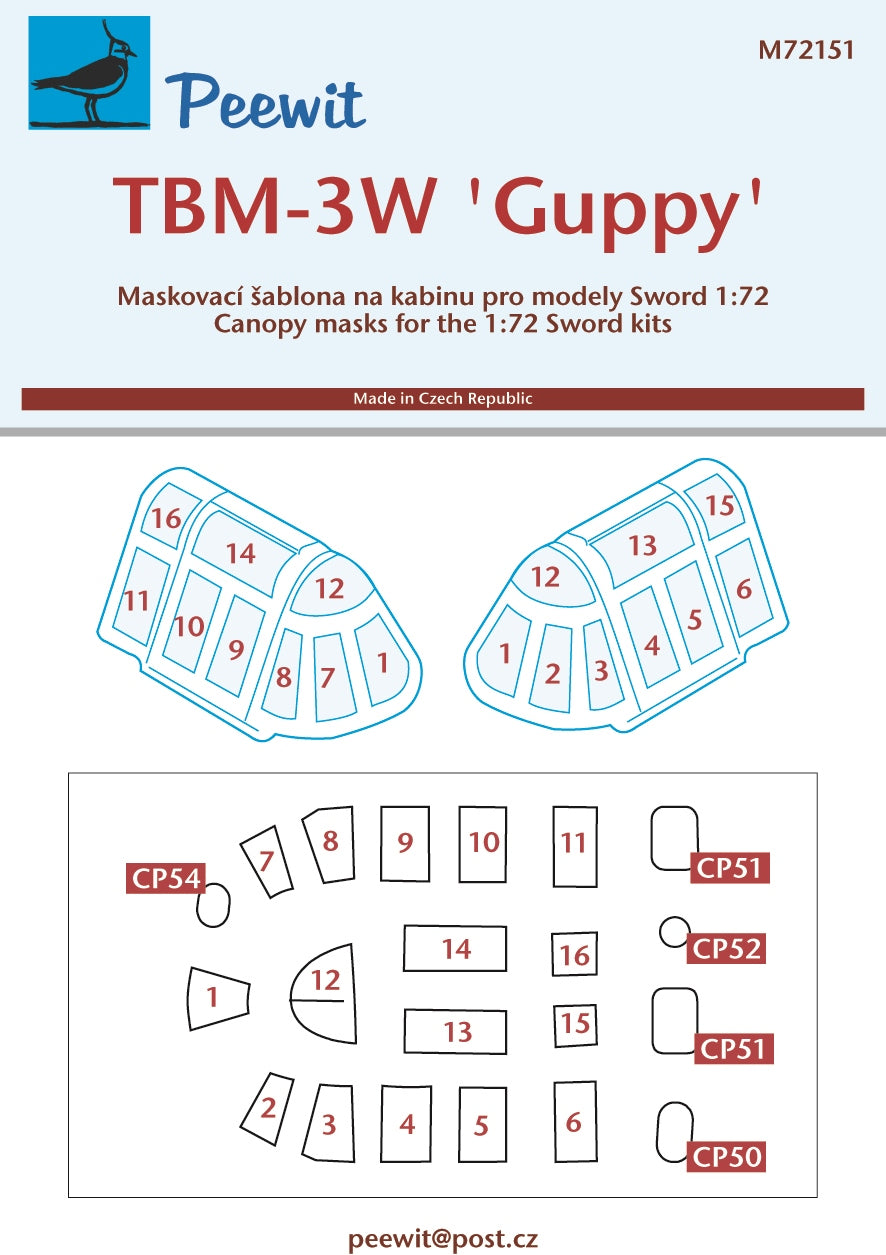 Peewit PEE72151 1:72 Grumman TBM-3W 'Guppy' canopy frame paint mask
